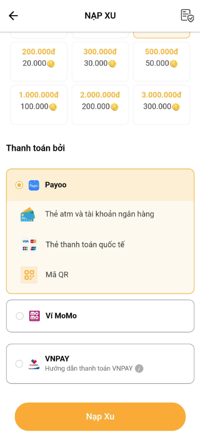 Bước 2: Sau đó người mua chọn số tiền cần nhạp (hệ thống sẽ quy đổi 1 xu tương ứng 10