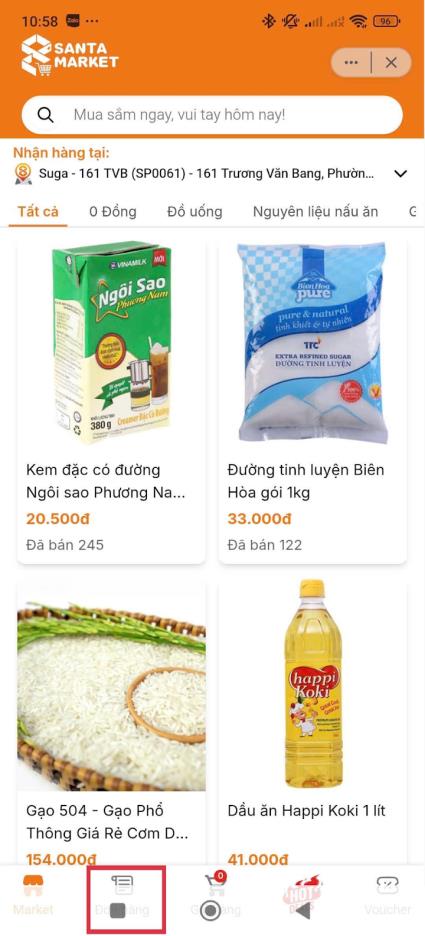 Bước 1: Truy cập vào Market, mục Đơn hàng