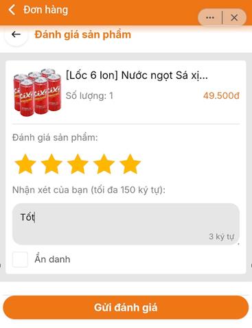 Bước 3: Nhập rating và đánh giá sản phẩm (Có thể đánh giá ẩn danh)